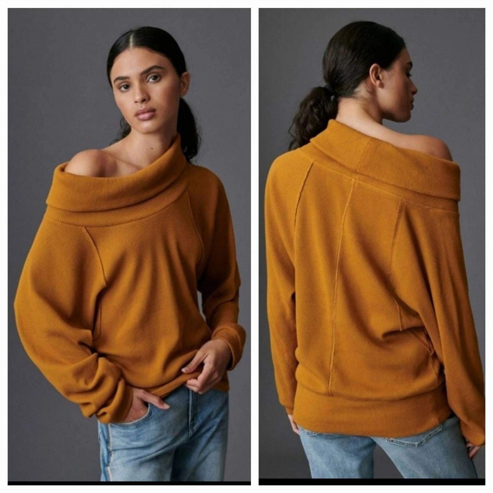 Pilcro Anthropologie Angie Mock Neck Cowl Neck Waffle Top Mustard M Slouchy Fall